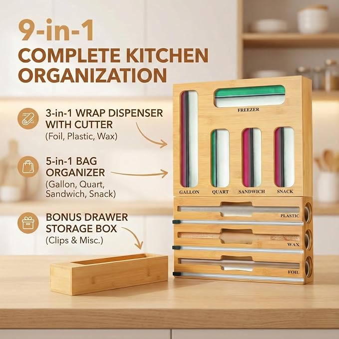9 in 1 Storage Bag Organizer for Kitchen Drawer, Bamboo Foil and Plastic Wrap with Cutter, Ziplock Bag Organizer for Quart, Gallon, Sandwich & Snack Bags - Image 5