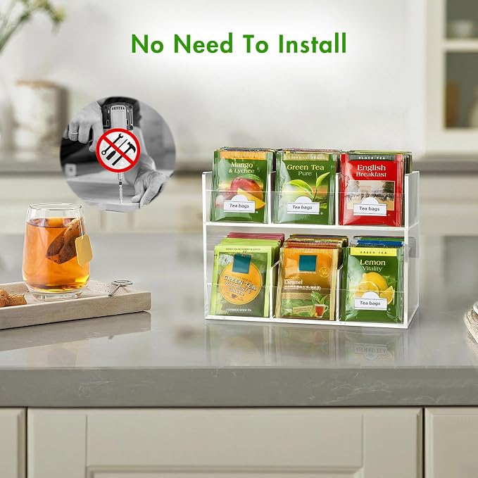 BEYGORM Acrylic Tea Bag Organizer, Countertop Display Holder for Tea Packet | No Assembly Required, Vertical Tea Bag Caddy for Cabinet, Tea bar Accessories, Teabags Storage - Image 2