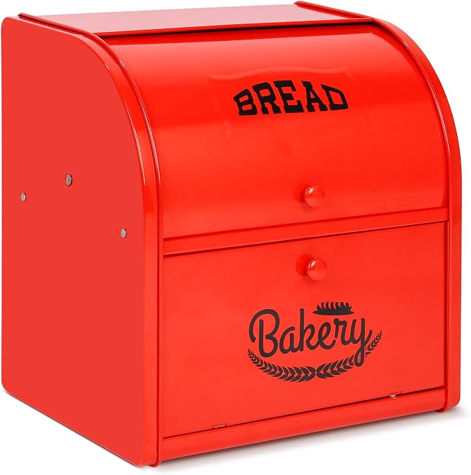 Bread Box, Metal Bread Box for Kitchen Countertop, 2 Layer Roll Top Bread Boxes, Stainless Steel Bread Storage, Kitchen Counter Bread Bin, Airtight Holder for Homemade Bread (Red) by Pitmoly