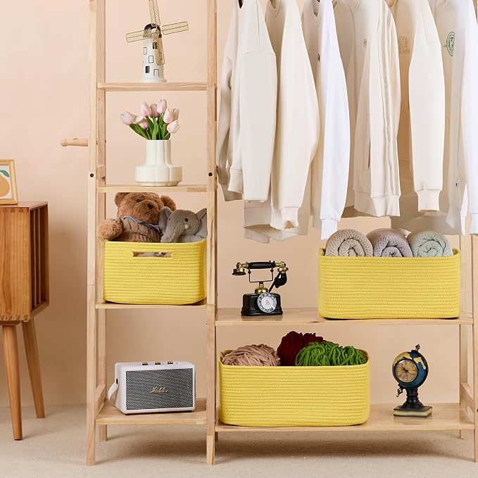 MiniArk Large Storage Baskets for Organizing, 17 x 13 x 7.5” Closet Shelf Baskets for Clothes Blanket Towels, Baby Nursery, Toy Bins Box, Woven Rope Baskets, 4 Packs Yellow - Image 3
