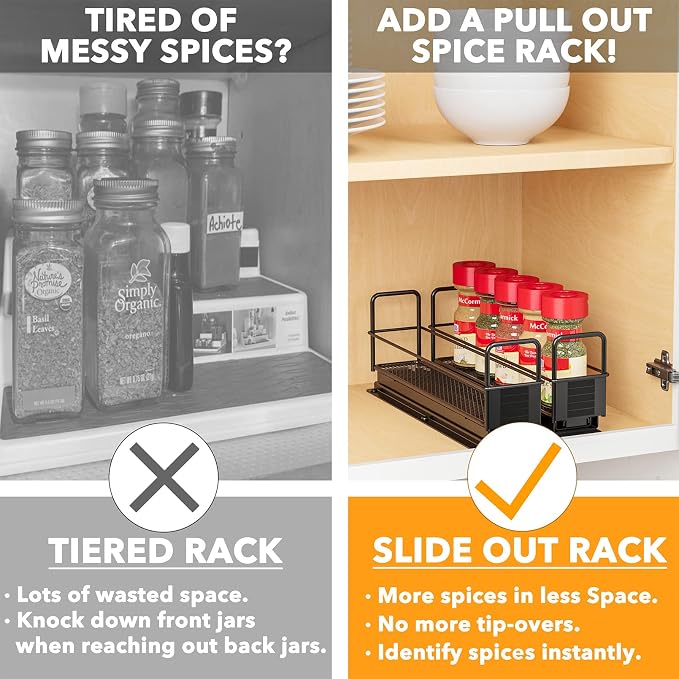 SpaceAid Pull Out Spice Rack Organizer for Cabinet, Heavy Duty Slide Out Seasoning Kitchen Organizer, Cabinet Organizer, with Labels, 5.2" W x10.8 D x4 H, 2 Drawers 1-Tier - Image 4