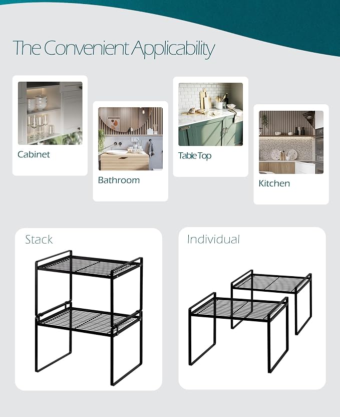 Shantton Cabinet Shelf Organizer, Pantry Shelf Rack, Black 13.1x10.6x9.5 | 2-Pack Stackable Metal Riser Holds 40LBS with Non-Slip Feet for Kitchen Pantry Bathroom Countertop Freezer Cupboard - Image 4