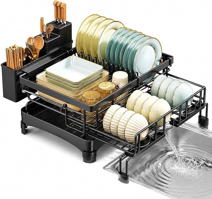 2 Tier Dish Drying Rack, Expandable Dish Rack for Kitchen Counter with 360° Swivel Auto Drain Spout, Large Capacity Dish Drainer with Detachable Utensil Holder, Carbon Steel Kitchen Organizer - Image 2