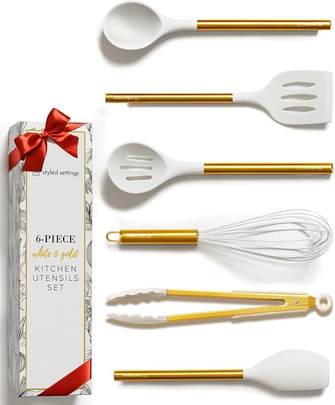 Gold Kitchen Utensils Set – 6 PC White Silicone and Gold Cooking Utensils with Spatula, Whisk, Tongs, Spoons, Cooking Tools for Nonstick Cookware – Luxury Kitchen Accessories for Home Chefs | White Silicone and Gold Cooking Utensils with Spatula, Whisk... by STYLEDSETTINGS