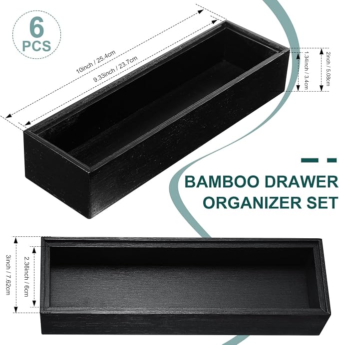 Uiifan 6 Pcs 10 x 3 x 2'' Bamboo Drawer Organizer Black Stackable Utensil Silverware Holder Wooden Tray Drawer Dividers Boxes Spoon Storage Organizer for Kitchen Office Bathroom Cabinet Jewelry - Image 2