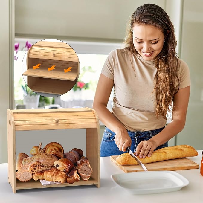 Bamboo Bread Box Roll Top for Kitchen Countertop Breadbox Storage | Roll Top Bread Box with Sliding Lid,Large Double Layer with Adjustable Middle Shelf - Image 7