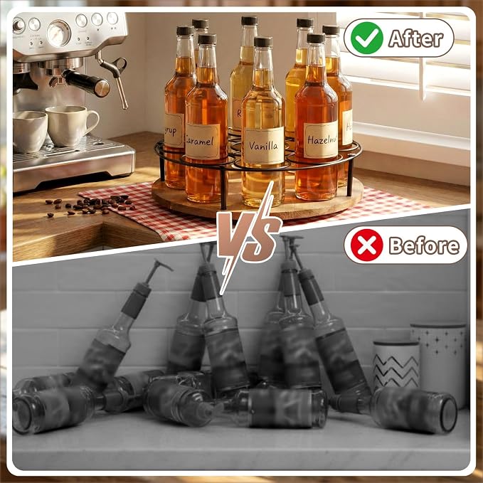 1 Pcs 9 Bottles Rotating Coffee Syrup Organizer, Large S Syrup Rack Carbon Steel Frame with Wooden Base Bottle Holder Stand for Coffee Bar Station, Turntable Wine Display Tray - Image 4