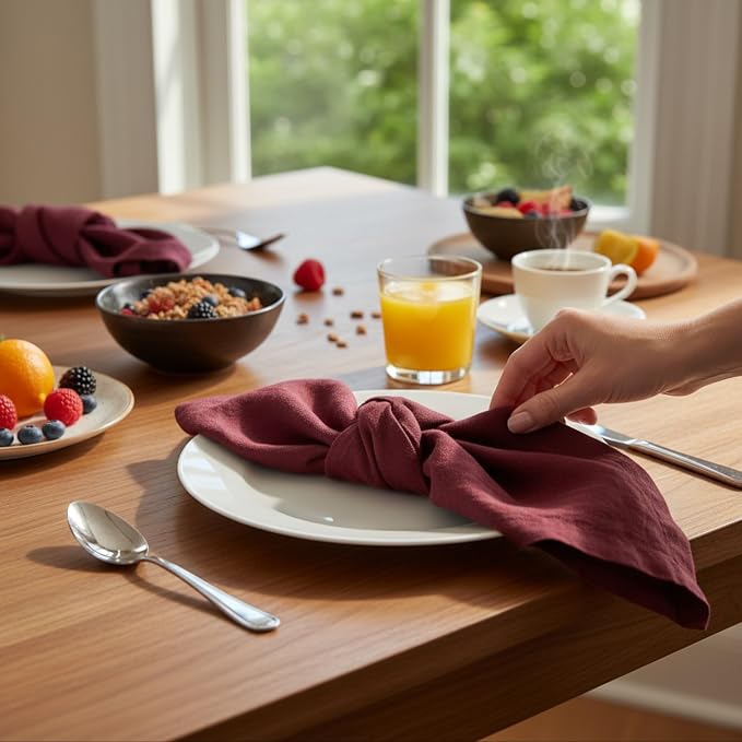 Linen Napkins –100% French Flax – Stonewashed Pure Linen Cloth Napkins - Size 18 Inch x 18 Inch – Set of 4 (Plum Burgundy) - Image 7