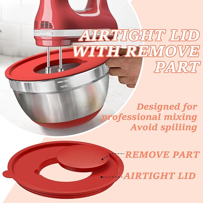 Umite Chef Mixing Bowls with Airtight Lids Set, 8PCS Stainless Steel Nesting Bowls Set, 3 Grater Attachments & Non-Slip Bottoms, Size 5, 4, 3.5, 2, 1.5QT for Baking & Mixing(Colorful) - Image 7