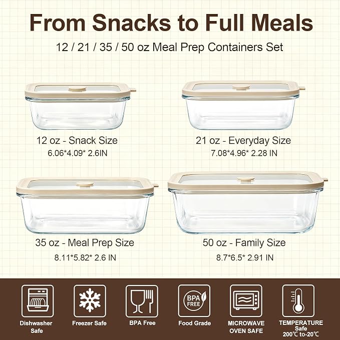 Multi-Size Glass Food Storage Containers with Glass Lids, 4 Pack | Airtight Glass Meal Prep Containers, Plastic Free, Borosilicate Glass Lunch Containers for Leftovers, Microwave, Freezer - Image 2