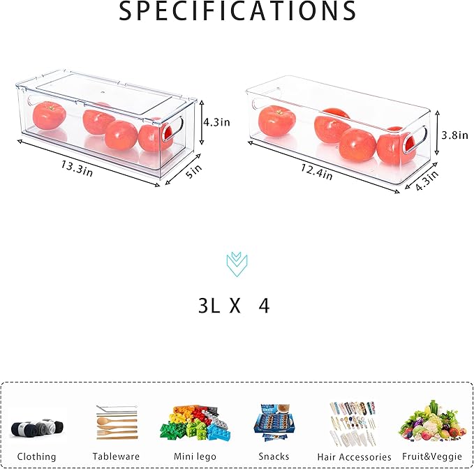 4Pack Stackable Fridge Drawers Pull-out Storage Bins with Handle Clear Food Container for Refrigerator Plastic Dresser Organizer Fruit&Veggie Keeper for Freezer Cabinet Kitchen Organization - Image 3