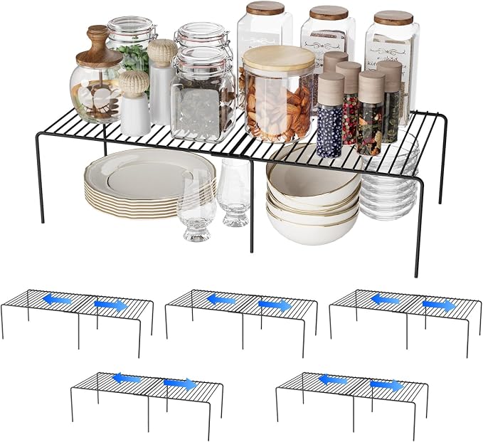 6Pack Expandable Storage Shelf, 13.5"~23" L x 9.4" W x 5.5" H, Black | Adjustable Rustproof Metal Wire Spice Rack, Space Saver Kitchen Storage Shelves for Pan, Pot, Countertop, Drawer, Fridge by DPZM