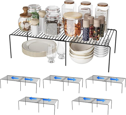 6Pack Expandable Storage Shelf, 13.5"~23" L x 9.4" W x 5.5" H, Black | Adjustable Rustproof Metal Wire Spice Rack, Space Saver Kitchen Storage Shelves for Pan, Pot, Countertop, Drawer, Fridge by DPZM