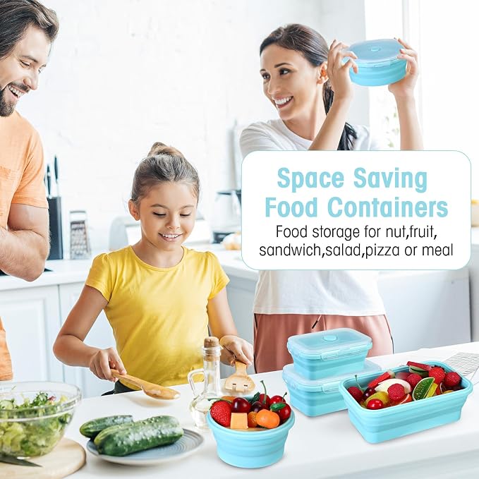 Yaomiao 16 Pack Collapsible Food Storage Containers with Lid Air Vent Foldable 8 Rectangle Storage Bowl and 8 Round Silicone Food Bow for Lunch Camping Rv Accessories Microwave Freezer(Blue) - Image 6