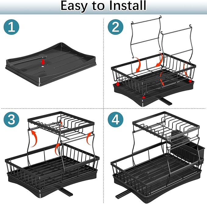 2 Tier Dish Drainer Rack for Kitchen Counter - Space-Saving Dish Rack with Utensil Holder, Large Capacity Dish Drying Rack with Draining Board, Black - Image 3