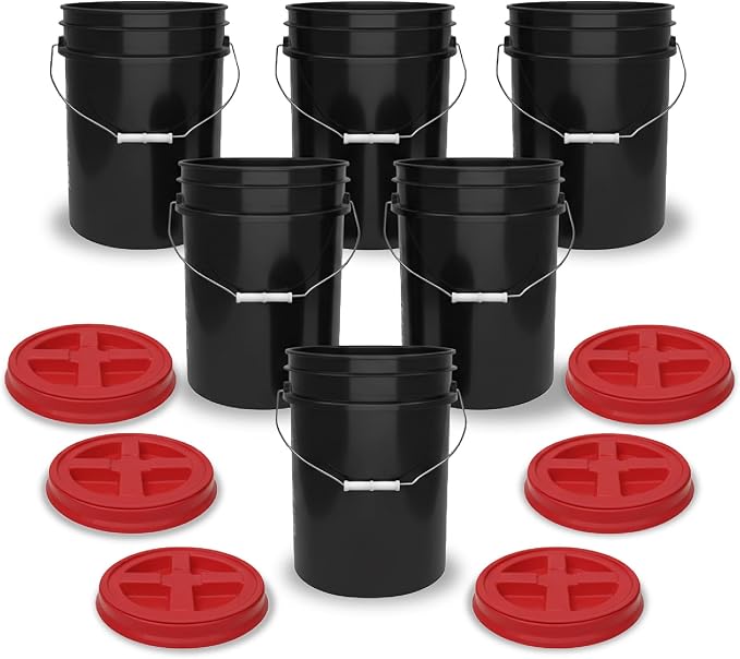 5 Gallon Bucket - Food Grade w/Lid BPA-Free, Black/Red, 6 | Airtight Gamma Seal Screw-On Lid, Heavy-Duty 90 Mil HDPE Plastic, Food Safe and Durable Container, Bulk Storage, Made in USA by ePackageSupply