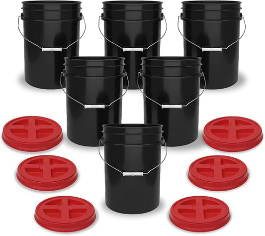 5 Gallon Bucket - Food Grade w/Lid BPA-Free, Black/Red, 6 | Airtight Gamma Seal Screw-On Lid, Heavy-Duty 90 Mil HDPE Plastic, Food Safe and Durable Container, Bulk Storage, Made in USA by ePackageSupply