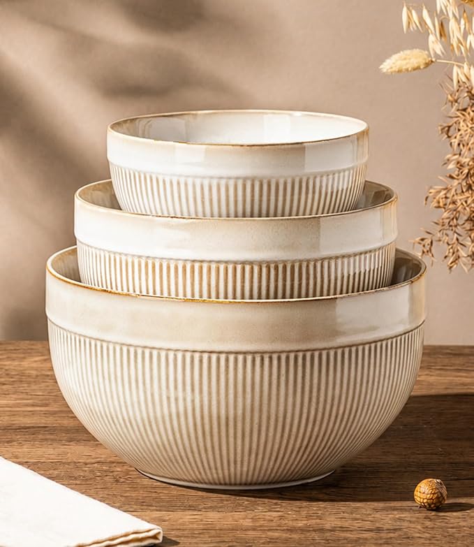 GBhome Ceramic Mixing Bowls Set of 3, Stoneware Nesting Serving Bowls | 45/90/150 oz For Prep, Baking, Serving, Gift, Microwave and Dishwasher Safe, Ribbed Dishware Collection,Cappuccino by GBhome