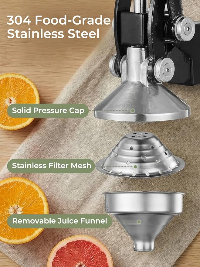 Professional Cast Iron Juicer - Heavy Duty Manual Juicer Press with 304 Stainless Steel Cup, Commercial Grade Extractor for Fresh Orange, Pomegranate & Lemon - Easy to Clean, Black - Image 4
