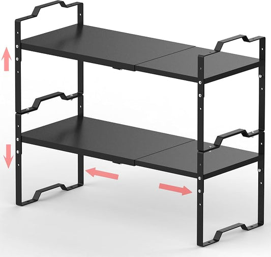Jojocross Expandable Shelf for Cabinet Organizer Adjustable Stackable Spice Rack at Kitchen and Bathroom More, Counter Countertop Cupboard Organization Pantry Storage(LARGE/2PACKS/BLACK) by JOJOCROSSHIGHQUALITYLIFE