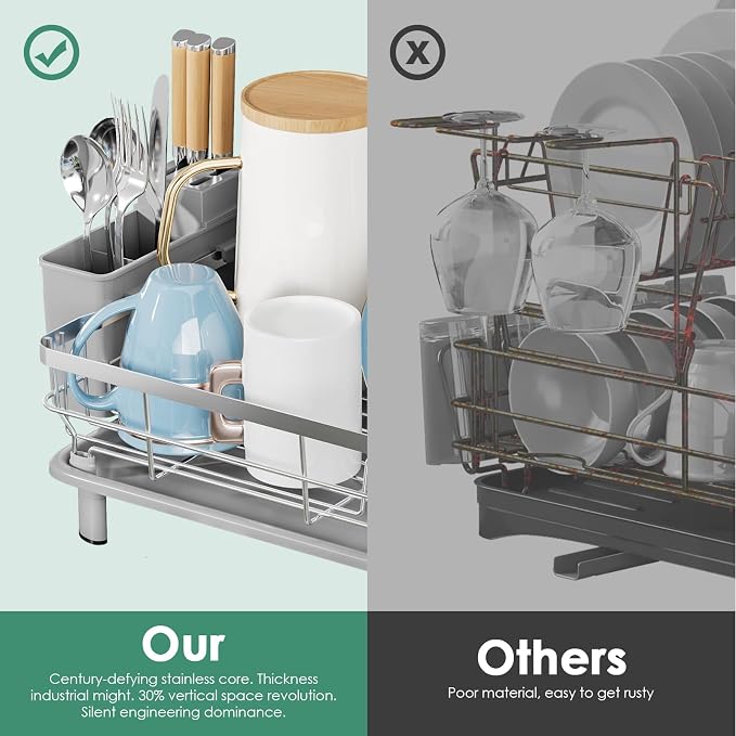MOUKABAL Stainless Steel Dish Drying Rack for Kitchen Counter, Grey Silver | 13×17 Large Capacity/Drainboard with Rotating Spout/Removable Cup & Utensil Holders/Fast Drainage/Countertop Dish Drainer - Image 6