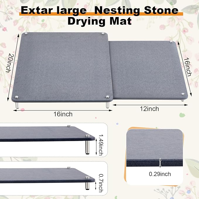 2 Tiers 20"x16" & 16"x12" Extra Large Nesting Stone Dish Drying Mats for Kitchen Counter Absorbent Quick Dry Diatomaceous Earth Mat with Non-slip Feet for Pot Dishes Tableware (Dark Gray) - Image 2