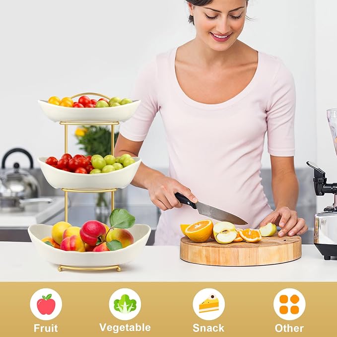 Ceramic Fruit Bowl for Kitchen Counter, Fruit Basket with Metal Stand, Tiered Fruit Rack for Countertop, Modern Serving Bowl for Party Dessert, Vegetable, Snack (White) - Image 7