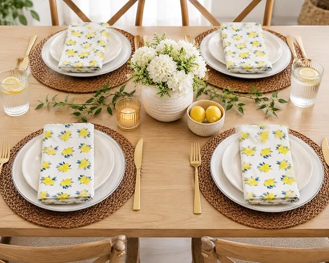 Printed Cotton Cloth Napkins Fall Dinner Napkin Set Reusable Machine Washable Fabric for Gifting, House Party Events, Home Decor, Craft - 18"x18" - Set of 4 - Lemon Print - Image 2