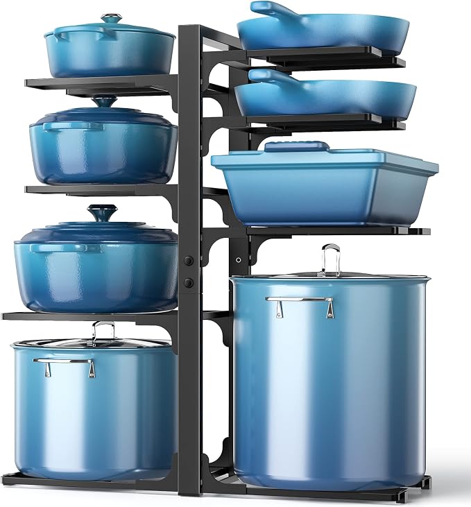 Pots and Pans Organizer Under Cabinet 20.8", 8-Tier Adjustable Black | 2 DIY Modes, Tool-Free Assembly, Max 120 Lbs, Fits Large Stockpots, Cast Iron Pans & Heavy Cookware, For Kitchen Cabinets by ORDORA