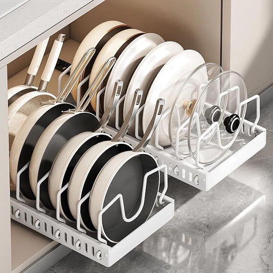 pots and pans organizer under cabinet,pot lid organizers inside cabinet holders for kitchen,Horizontal and vertical pulling modes,cast iron storage (White vertical pull-out) by Unknown