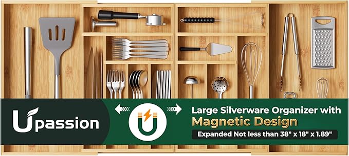 Large Silverware Organizer, 13 Slots Magnetic Connected Expandable Bamboo Utensil Drawer Organizer From 21 to 37.4 Inches, Adjustable Flatware and Cutlery Holder, Utensil Tray for Kitchen Natural by Upassion