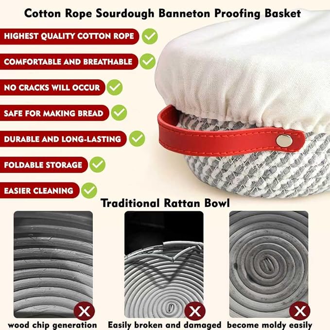 Sourdough Bread Starter Kit Baking Supplies with Cast Iron Dutch Oven for Bread Baking 34 Oz Starter Jar 2 Cotton Rope Banneton Proofing Basket Best Gift Set - Image 4