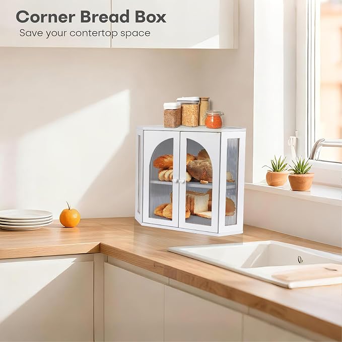 Corner Bread Box for Kitchen Countertop,Double Layer Bread Holder | 3 Adjustable Height, Large Capacity, Magnetic Acrylic Door, Bamboo Bread Storage Container for Homemade Bread, White - Image 4