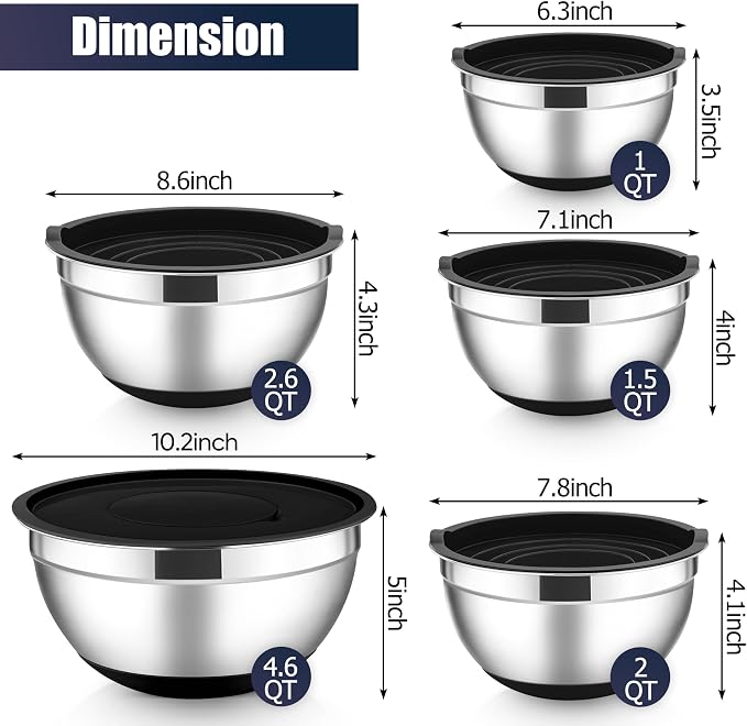 E-far Stainless Steel Mixing Bowls with Lids Set, 5-Piece Nesting Salad Bowls with 3 Grater Attachments and Non-Slip Bottoms, Size 4.6, 2.6, 2, 1.5, 1QT for Kitchen (Black) - Image 2