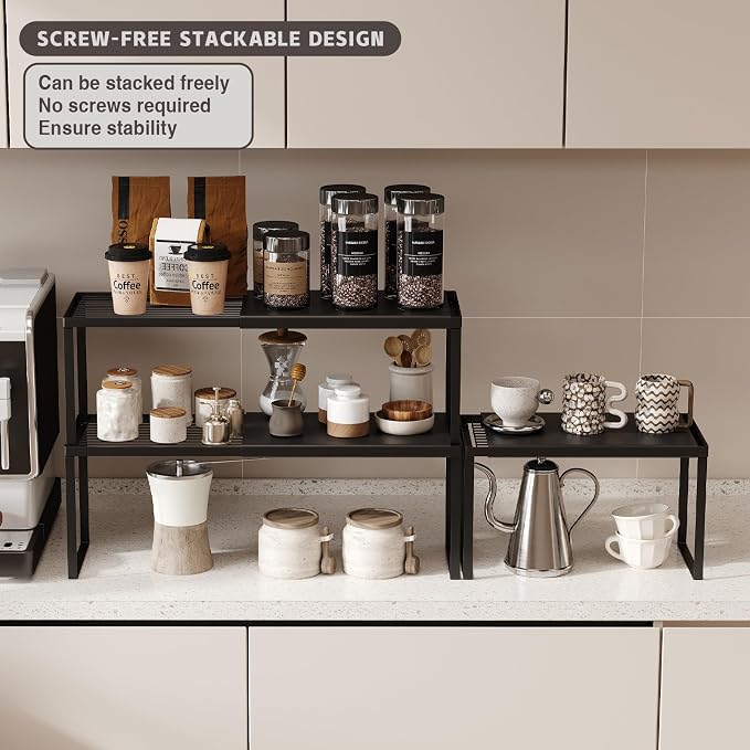 Magheo Expandable Kitchen Countertop Organizer, 2 Pack Stackable Cabinet Shelf Risers, Metal Spice Rack Heavy Duty Counter Organizer Storage for Kitchen, Pantry, Cupboard, Rv (8.7in Height,Black) - Image 3