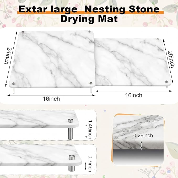 2 Tiers 24"x16" & 20"x16" Large Nesting Stone Dish Drying Mats for Kitchen Counter Absorbent Quick Dry Diatomaceous Earth Mat with Non-slip Feet for Pot Dishes Tableware (Marble Color) - Image 2