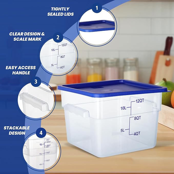4 Pack 12QT Square Food Storage Containers with Lids | Clear NSF polycarbonate containers with scale, label and measuring cup, stackable for prep, storage, freezer. Dishwasher safe - Image 4
