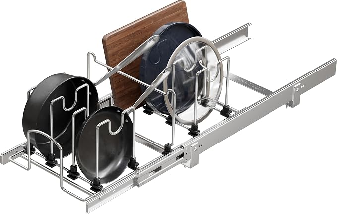 Pull Out Pots and Pans Organizer Under Cabinet, Sliding Adjustable Pot Rack with 9 Adjustable Dividers, Chrome-Plated Pot and Pan Holder Rack, Full-Extension Rail for Kitchen Organization 12" W*22" D by STORKING