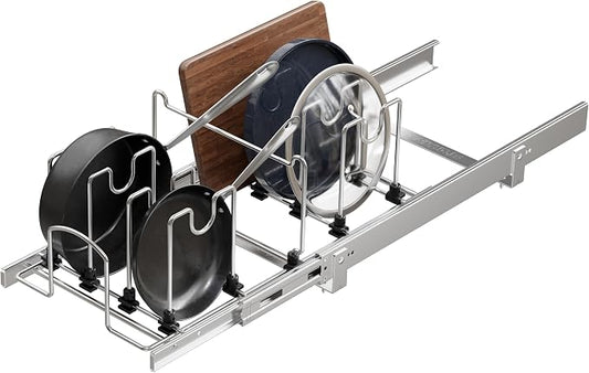 Pull Out Pots and Pans Organizer Under Cabinet, Sliding Adjustable Pot Rack with 9 Adjustable Dividers, Chrome-Plated Pot and Pan Holder Rack, Full-Extension Rail for Kitchen Organization 12" W*22" D by STORKING