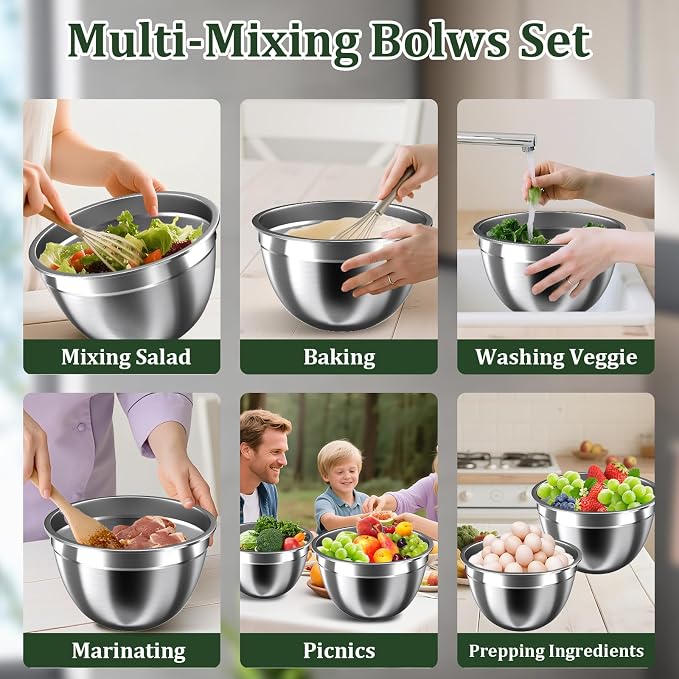 Mixing Bowls with Lids Set, 16PCS Stainless Steel Mixing Bowls,Nesting Storage Bowls for Kitchen with Mixing Bowls Set, Colander, Strainer & Grater , Metal Salad Bowl for Kitchen Gadgets , Cream - Image 6