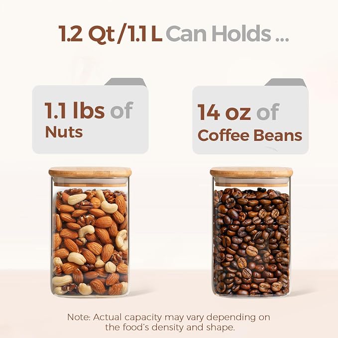 ComSaf Square Glass Containers With Lids 1.2 Qt, Set of 4 Pantry Galss Jars | Kitchen Glass Pantry Storage Containers, Storage Canisters, Silicone Seal, Dry Food, Cookie, Flour, Spice, Coffee, BPA Free - Image 3