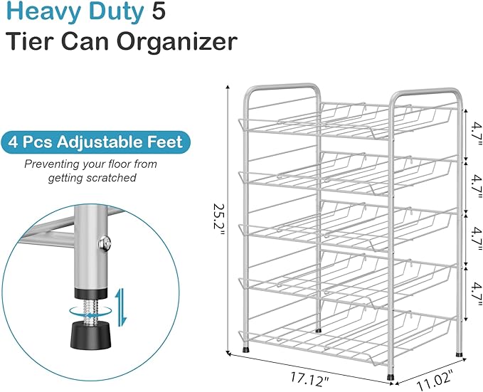 Vrisa Can Organizer for Pantry Canned Food Storage Rack for Kitchen, Silver | 17*11*25 in, Metal, 5 Tier, Holds Up to 60 Cans, , Tilt Design, Freestanding, Soda Can Dispenser, for Pantry/Cabinet - Image 2