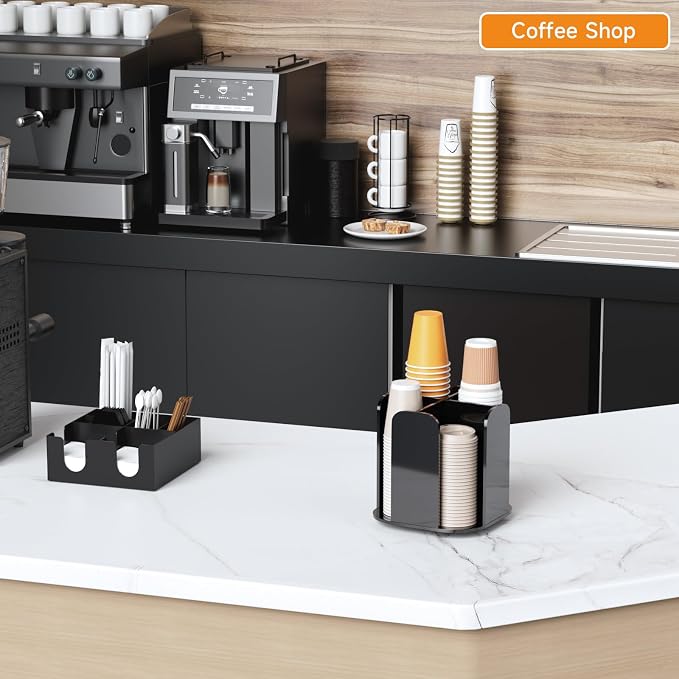 Beego Coffee Cup Holder Organizer - Rotatable 4 Compartments Black Acrylic Cup Dispenser Station With Lid Carousel - Countertop Plastic Cup Holder for Restaurant Breakroom Bar Accessories - Image 5