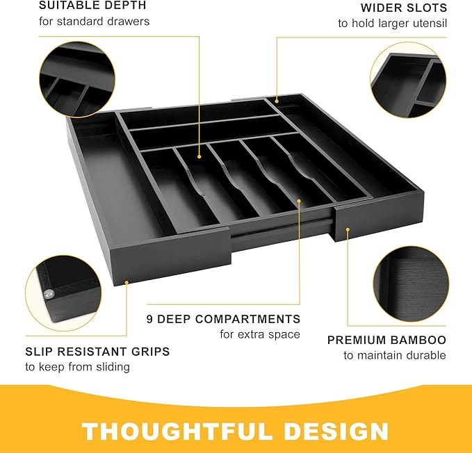 Large Premium Bamboo Silverware Organizer - Expandable Drawer Organizer & Utensil Organizer - 17"x19.7" Cutlery Tray with Dividers for Kitchen Utensils and Flatware (7-9 Slots) (Black) - Image 6
