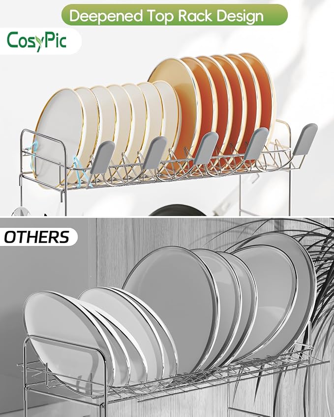 2 Tier Dish Drying Rack, Thicker Premium 304 Stainless Steel Dish Racks for Kitchen Counter, Automatic Drainage Spout, Dish Drainer & Drainboard Set with Utensil Holder and Cup Holder, Grey - Image 3