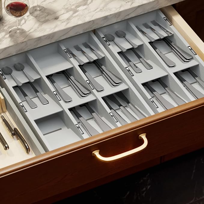 SpaceAid Bamboo Silverware Drawer Organizer with Labels, Kitchen Utensil Tray Holder Organizer for Flatware, Cutlery, Spoon and Knives Drawer Storage Organization (Gray, 6 Slots) - Image 6