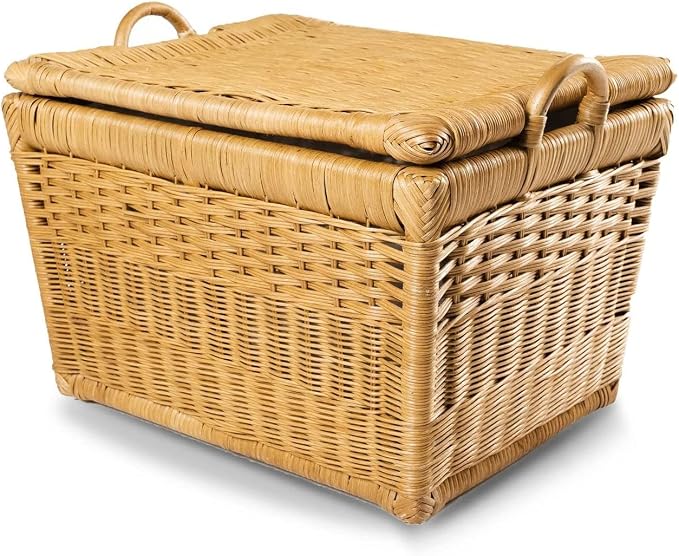 The Basket Lady Lift-Off Lid Wicker Storage Basket, M, Sandstone | Outside: 20" L x 15" W x 14" H | Inside: 17.5"L x 12"W x 11"H - Handcrafted by artisans from natural rattan by TheBasketLady