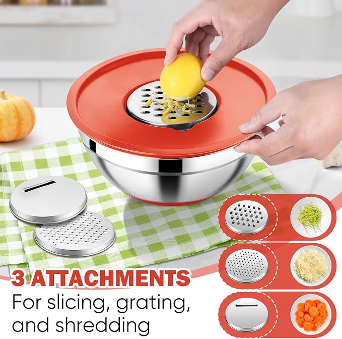 E-far Mixing Bowls with Lid Set, 25PCS Stainless Steel Nesting Prep Bowls with Grater Attachments Utensils Non-Slip Bottoms for Cooking, Baking, Serving, Food Storage, 4.6/2.6/2/1.5/1/0.7QT - Red - Image 3