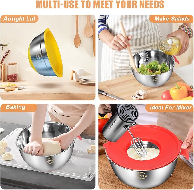 Stainless Steel Mixing Bowls with Airtight Lids, Nesting Bowls Set, 3 Grater Attachments & Non-Slip Silicone Bottoms, Size 5, 2.5, 2,1.5, 1, 0.7QT, Great for Mixing & Serving - Image 5
