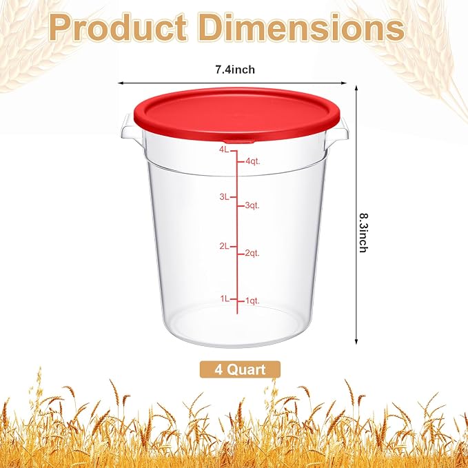 4 Pcs 4 Qt Food Storage Container Bucket with Lids Clear Proofing Containers for Dough Rise Bread with Scale Handle Round Flour Commercial Storage Bucket for Home Restaurant Food(Red) - Image 2